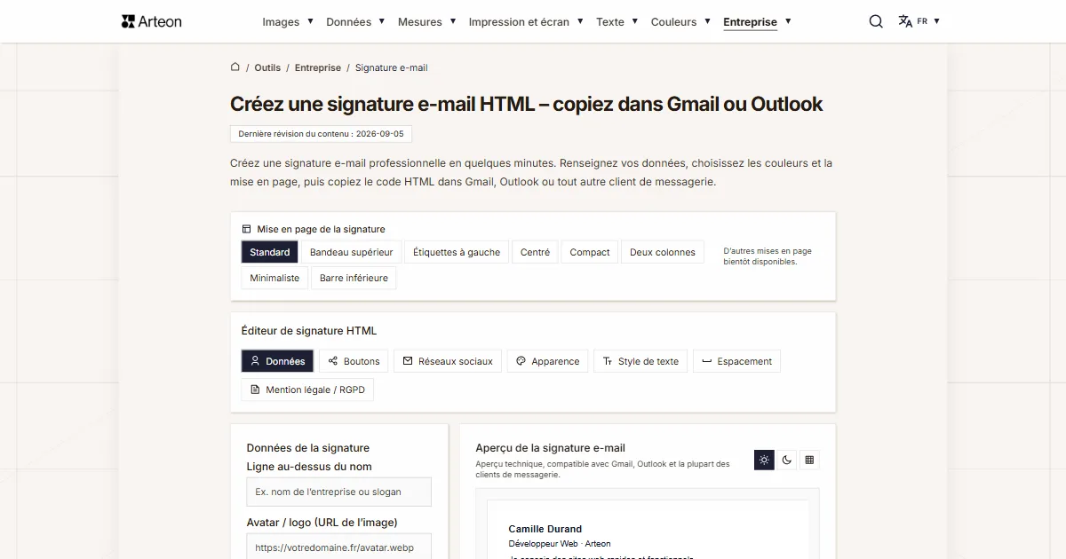 Capture d'écran de l'outil gratuit d'Arteon: Générateur de signature e-mail