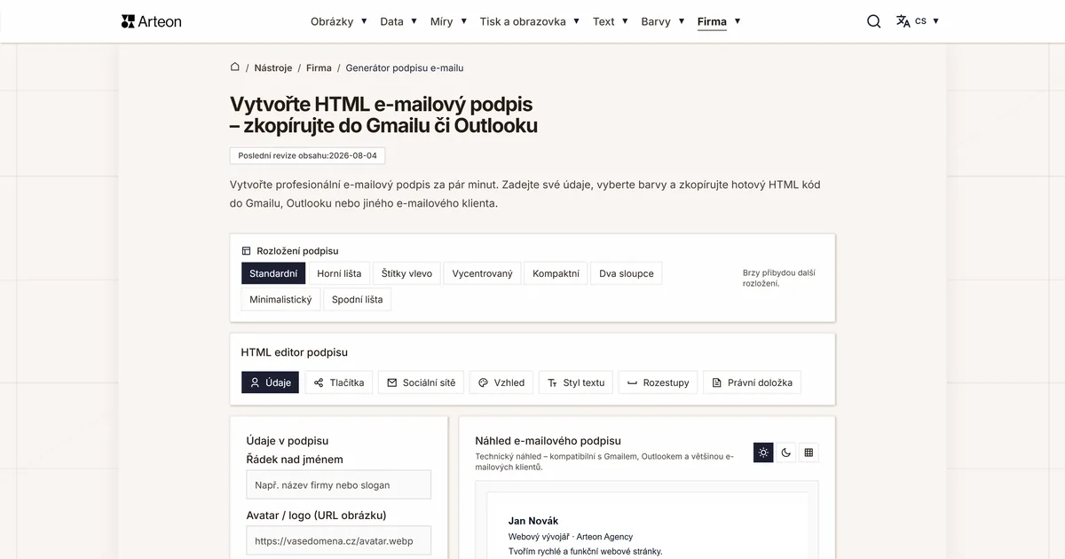 Snímek obrazovky bezplatného nástroje Arteon: Vytvořte HTML e-mailový podpis – zkopírujte do Gmailu či Outlooku