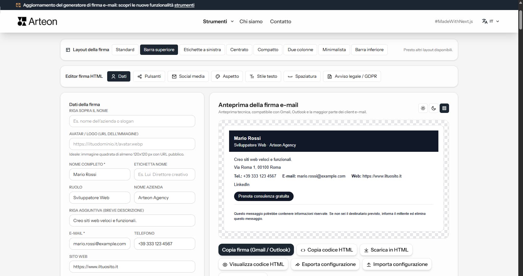Generatore di firma e-mail HTML gratuito Arteon