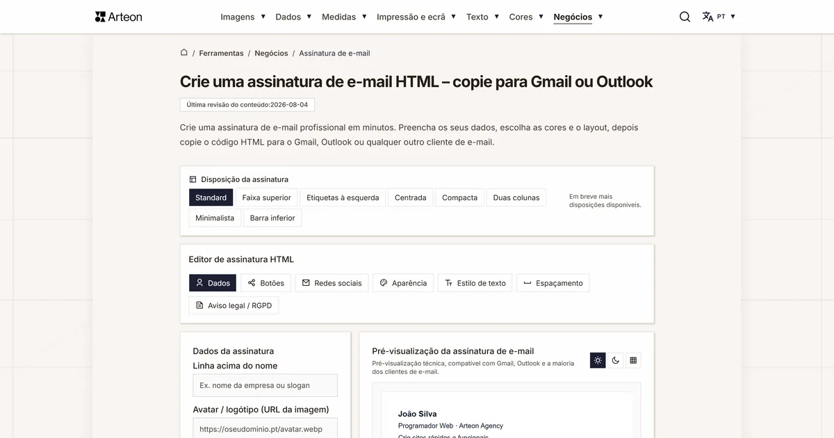 Captura de ecrã da ferramenta gratuita da Arteon: Crie uma assinatura de e-mail HTML – copie para Gmail ou Outlook
