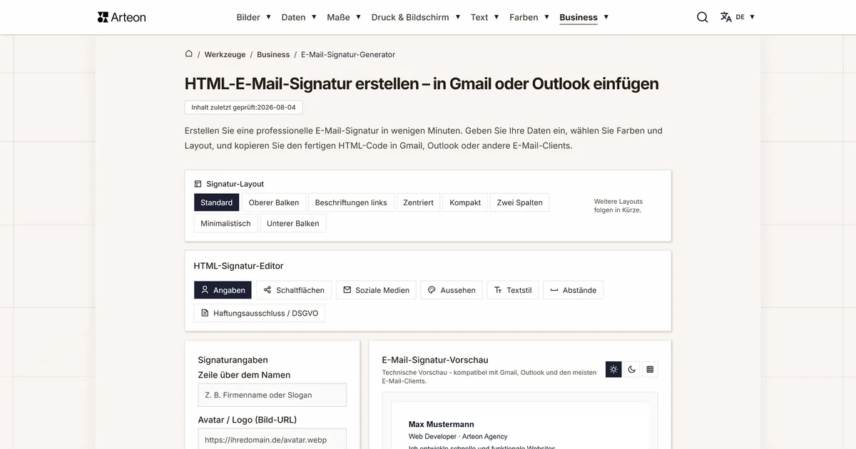Screenshot des kostenlosen Arteon-Werkzeugs: HTML-E-Mail-Signatur erstellen – in Gmail oder Outlook einfügen