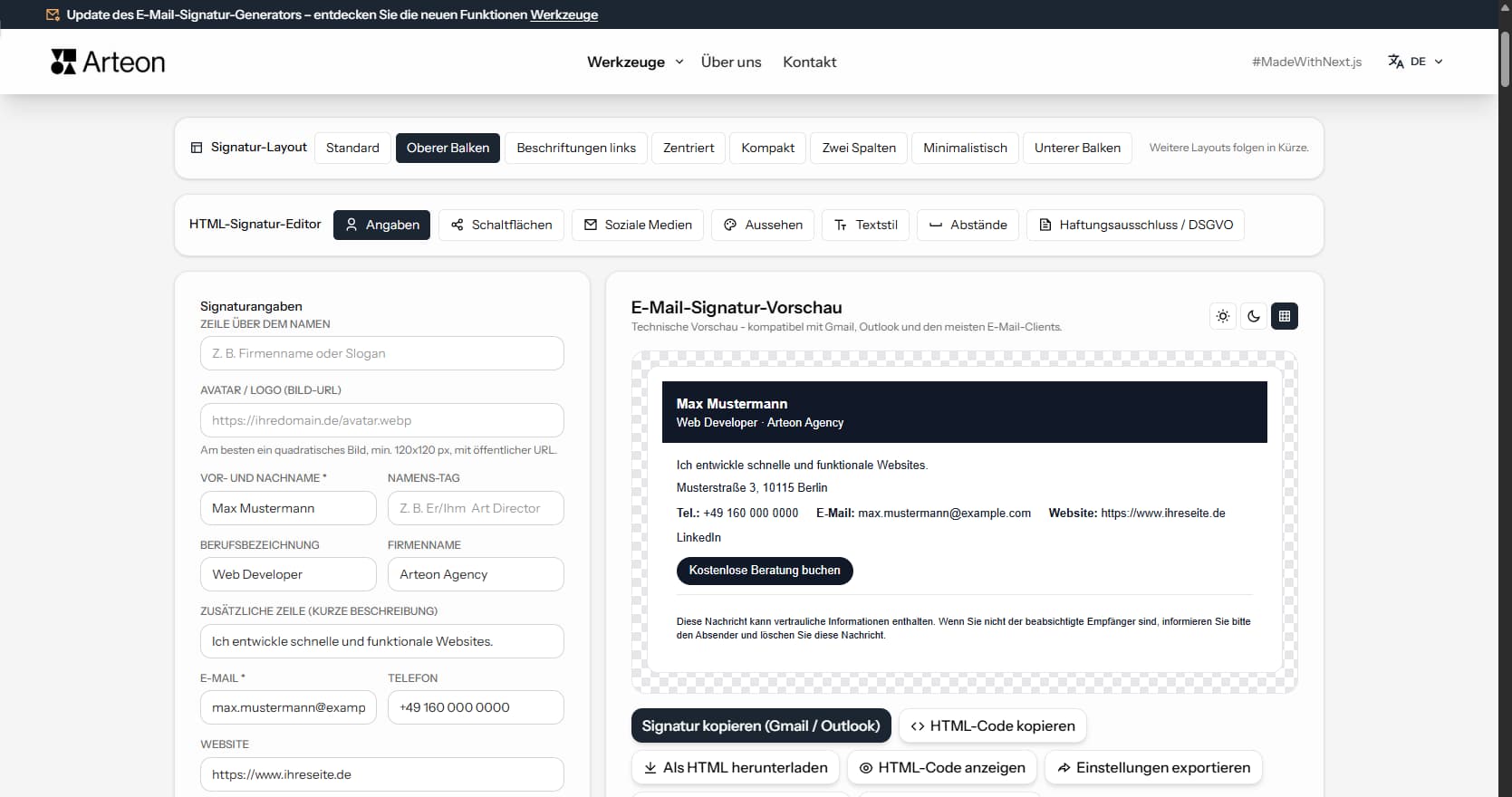 Kostenloser HTML-E-Mail-Signatur-Generator Arteon