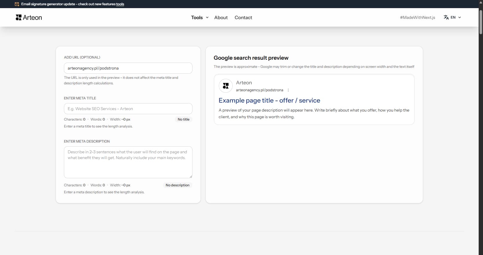 Meta title and description checker Arteon