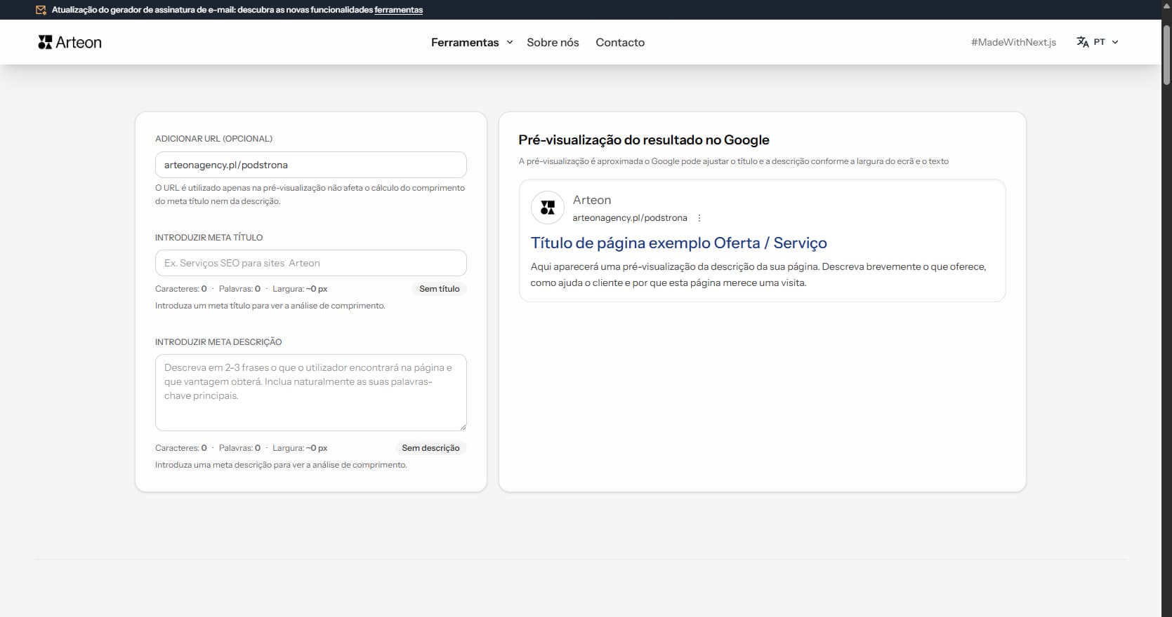 Verificador de meta título e descrição Arteon