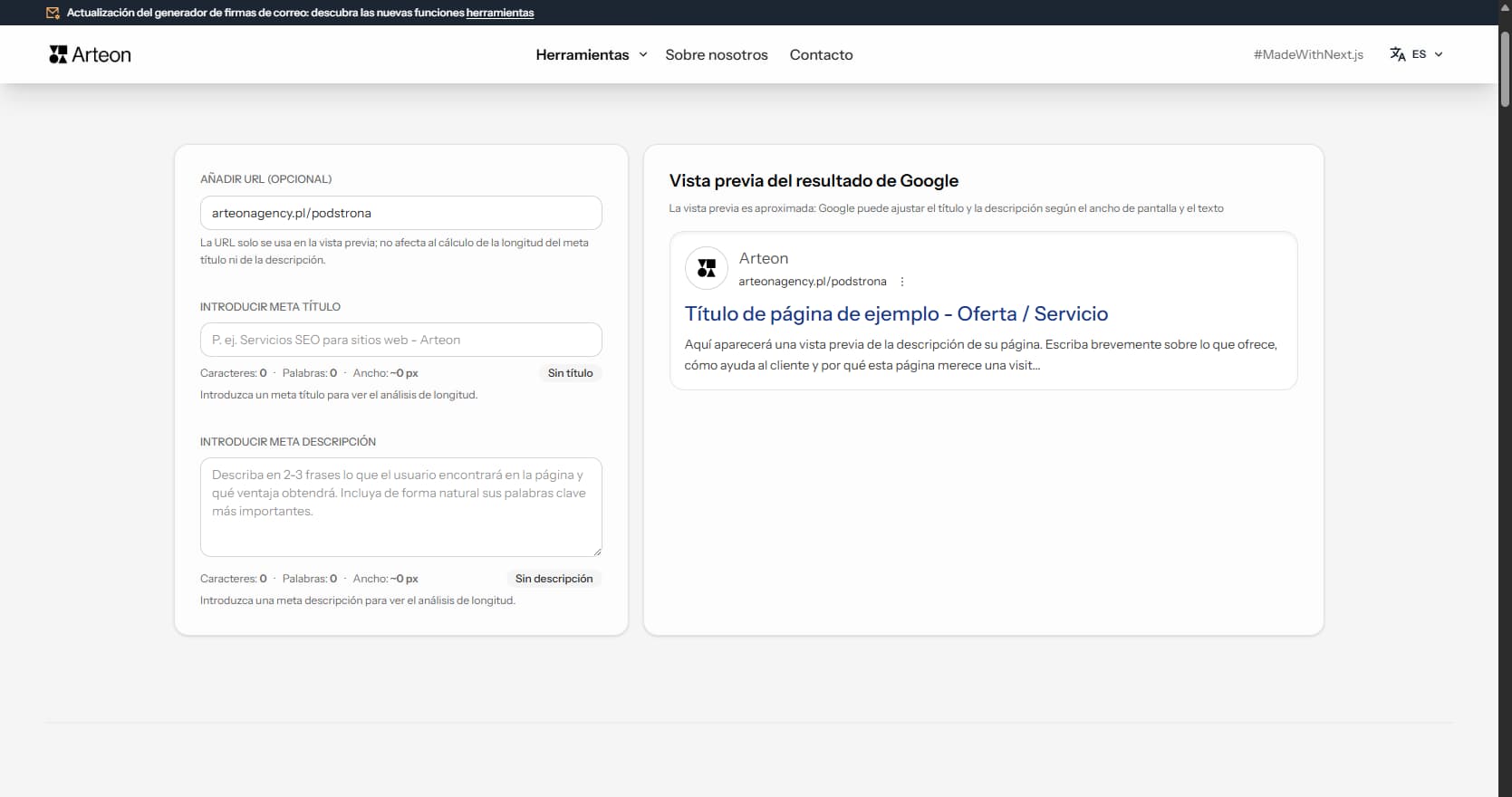 Verificador de meta título y descripción Arteon