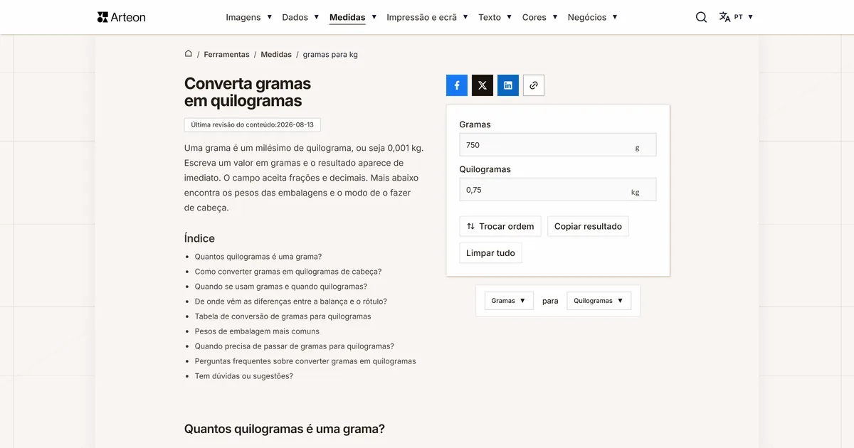 Captura de ecrã da ferramenta gratuita da Arteon: Converta gramas em quilogramas