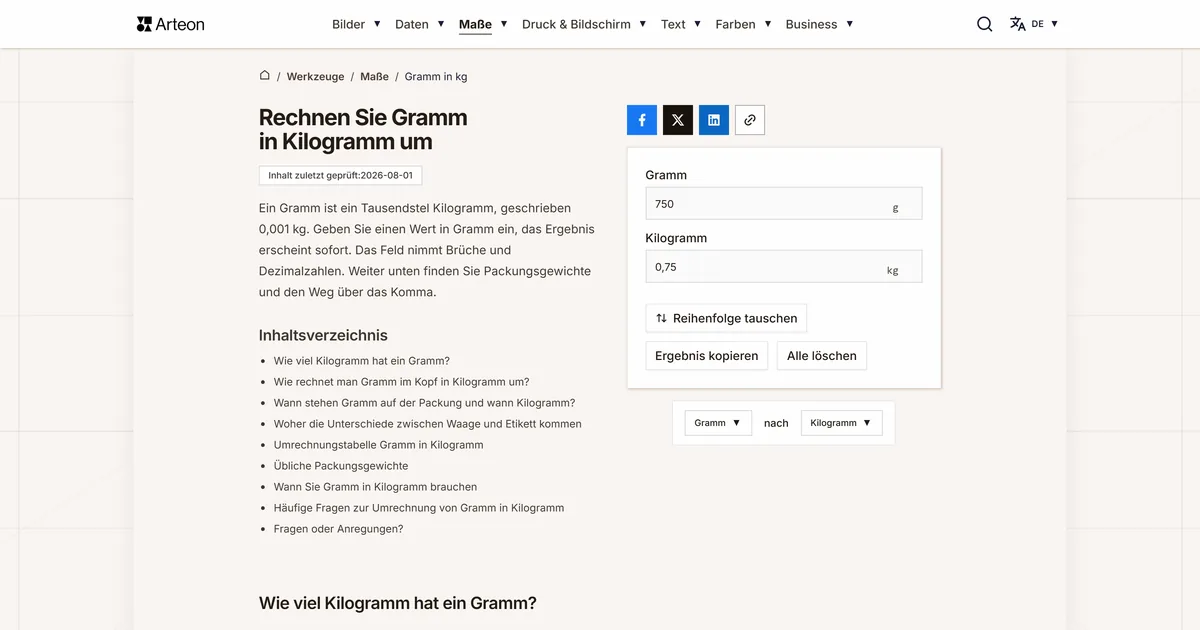 Screenshot des kostenlosen Arteon-Werkzeugs: Rechnen Sie Gramm in Kilogramm um