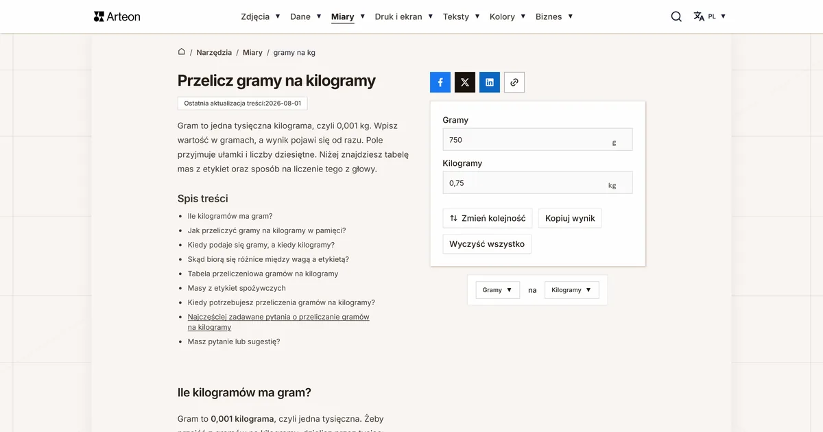Zrzut ekranu darmowego narzędzia Arteon: Przelicz gramy na kilogramy