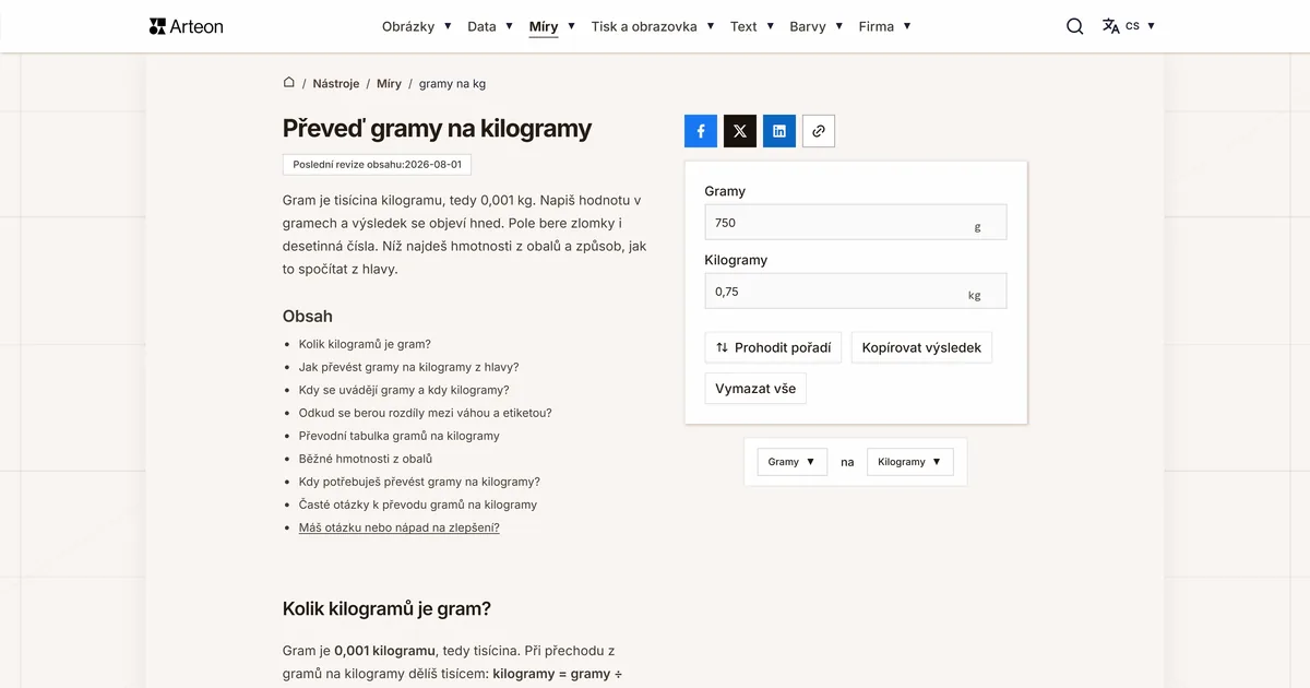 Snímek obrazovky bezplatného nástroje Arteon: Převeď gramy na kilogramy