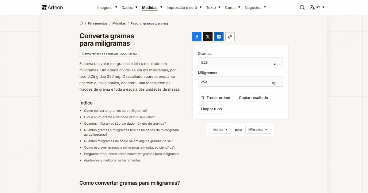 Captura de ecrã da ferramenta gratuita da Arteon: Converta gramas para miligramas