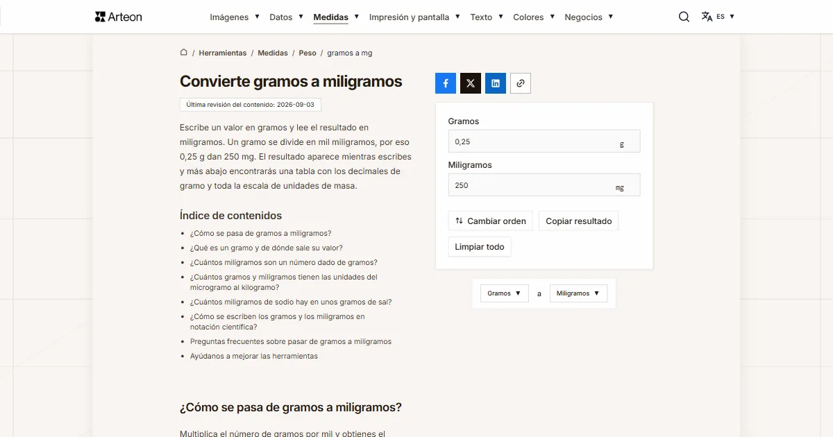 Captura de pantalla de la herramienta gratuita de Arteon: Convierte gramos a miligramos