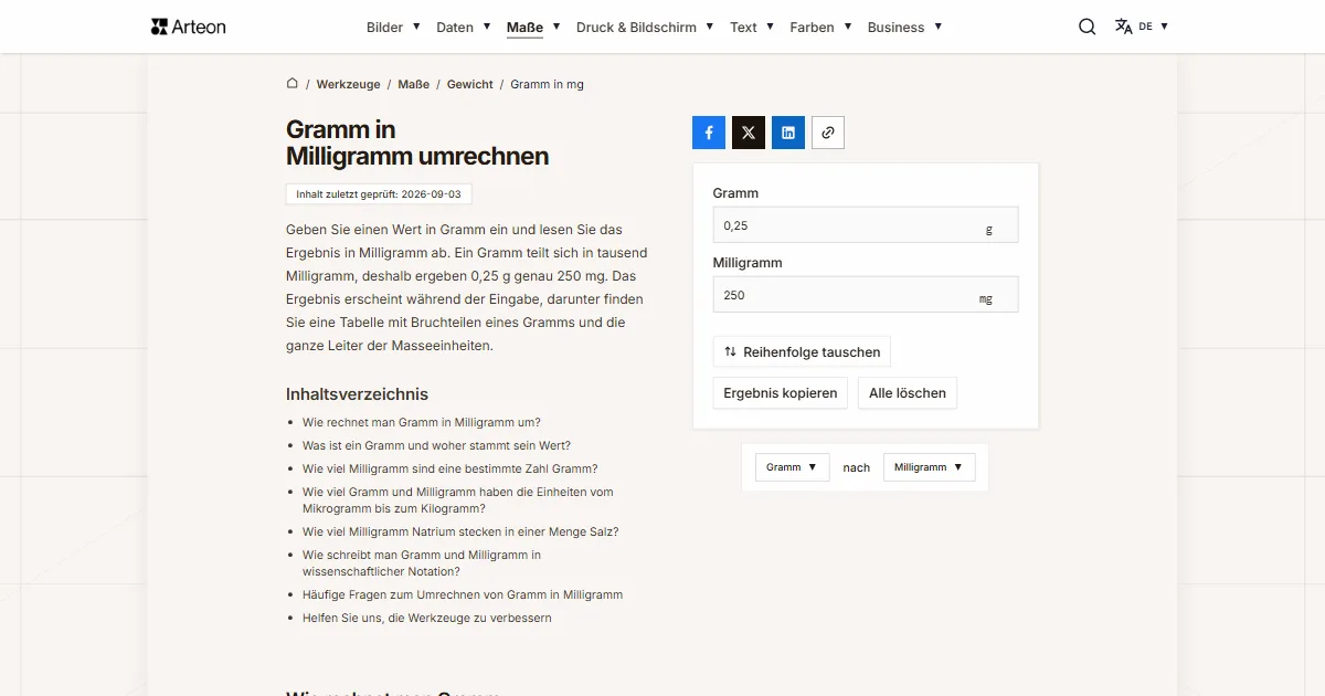 Screenshot des kostenlosen Arteon-Werkzeugs: Gramm in Milligramm umrechnen