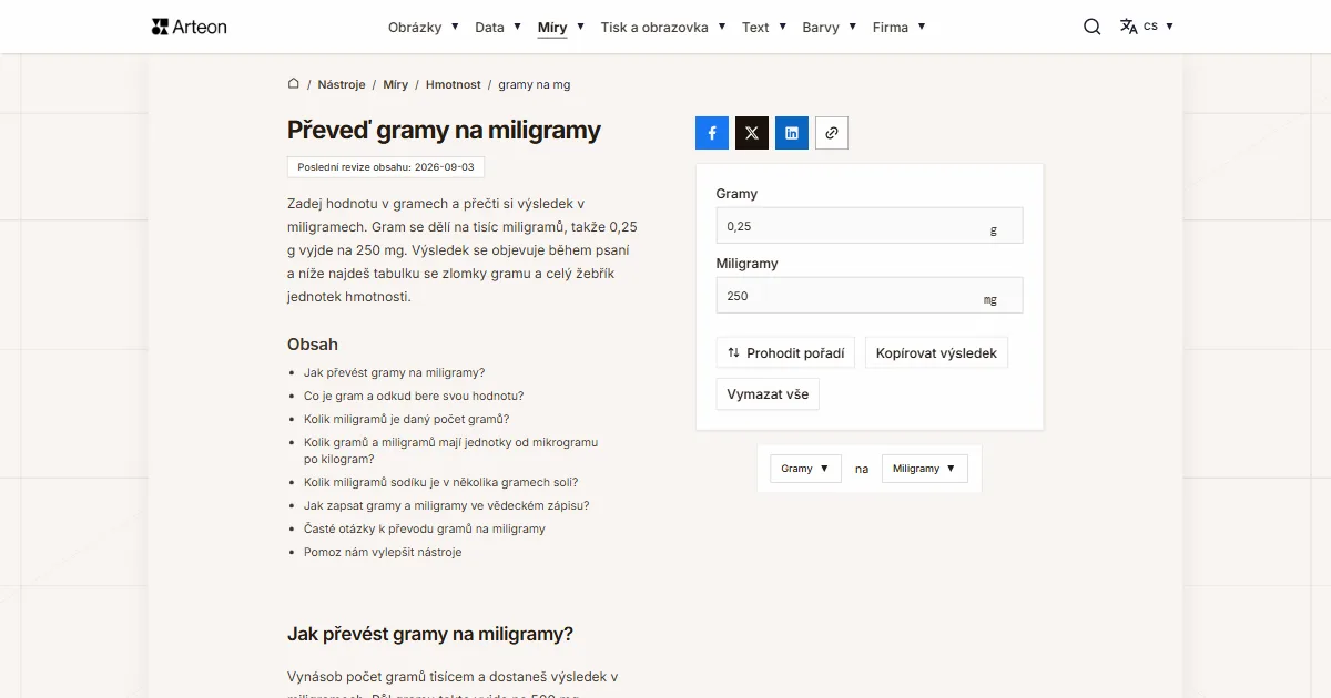 Snímek obrazovky bezplatného nástroje Arteon: Převeď gramy na miligramy