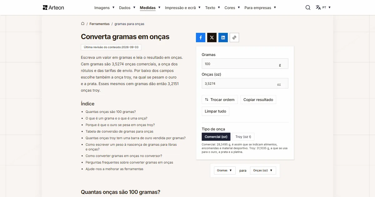 Captura de ecrã da ferramenta gratuita da Arteon: Converta gramas em onças