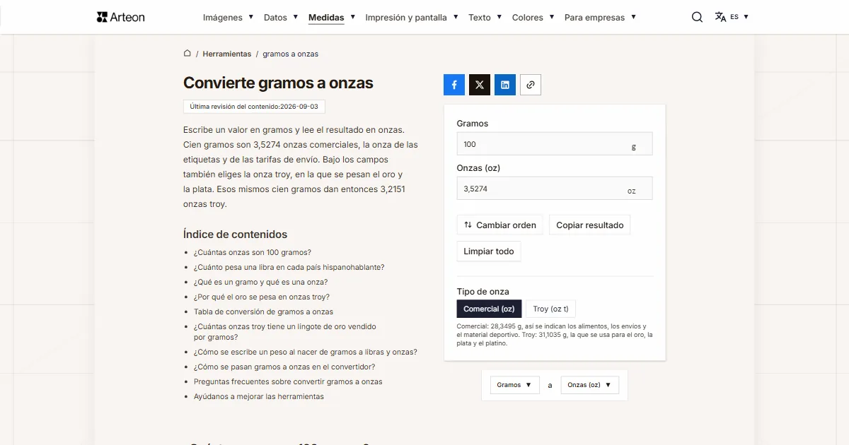 Captura de pantalla de la herramienta gratuita de Arteon: Convierte gramos a onzas