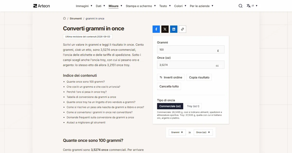 Screenshot dello strumento gratuito Arteon: Converti grammi in once