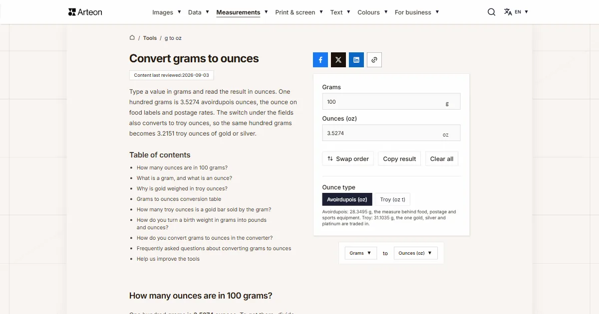 Arteon free tool screenshot: Convert grams to ounces