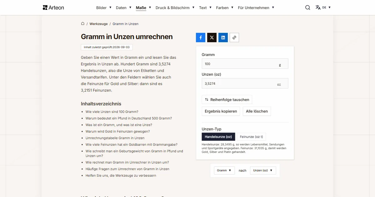 Screenshot des kostenlosen Arteon-Werkzeugs: Gramm in Unzen umrechnen
