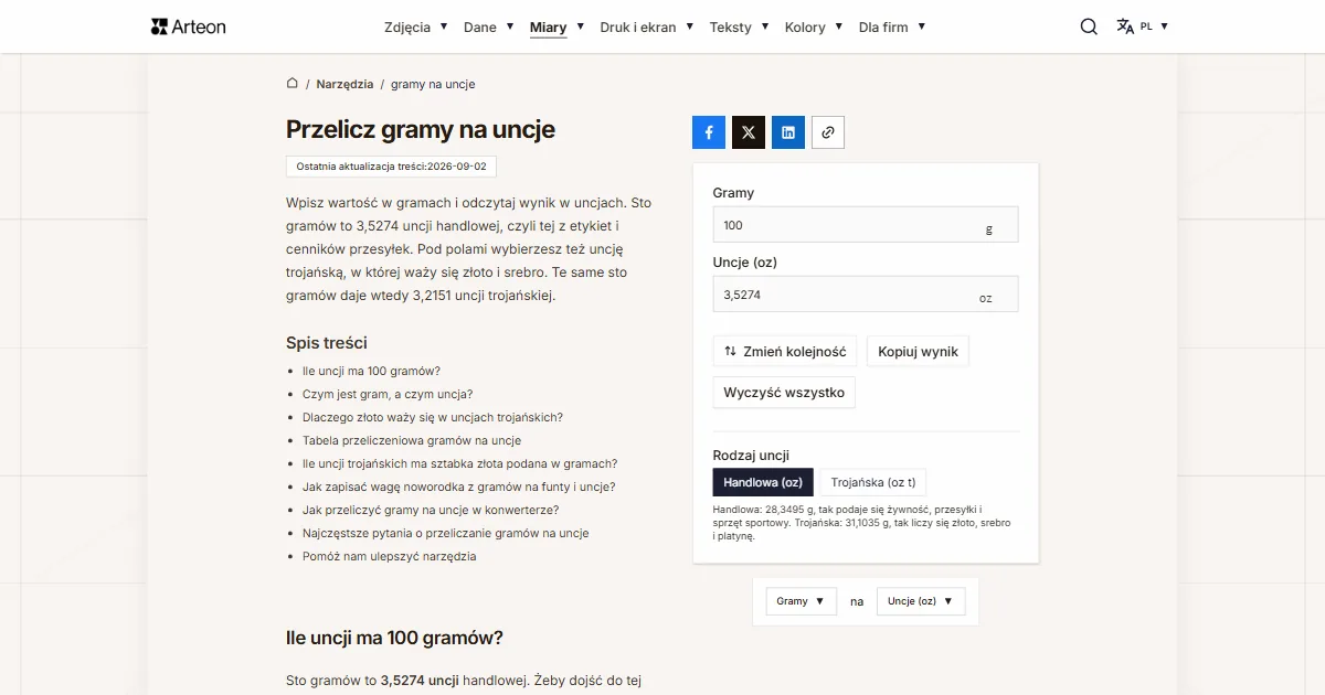Zrzut ekranu darmowego narzędzia Arteon: Przelicz gramy na uncje