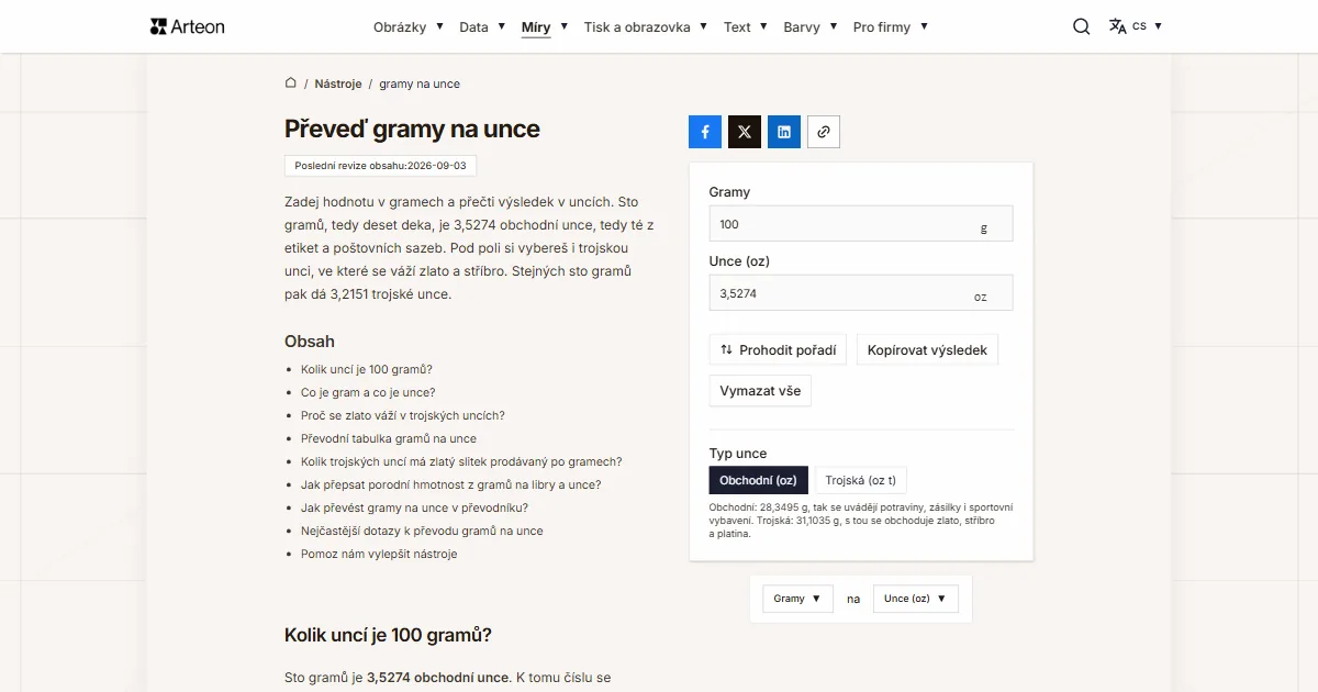 Snímek obrazovky bezplatného nástroje Arteon: Převeď gramy na unce