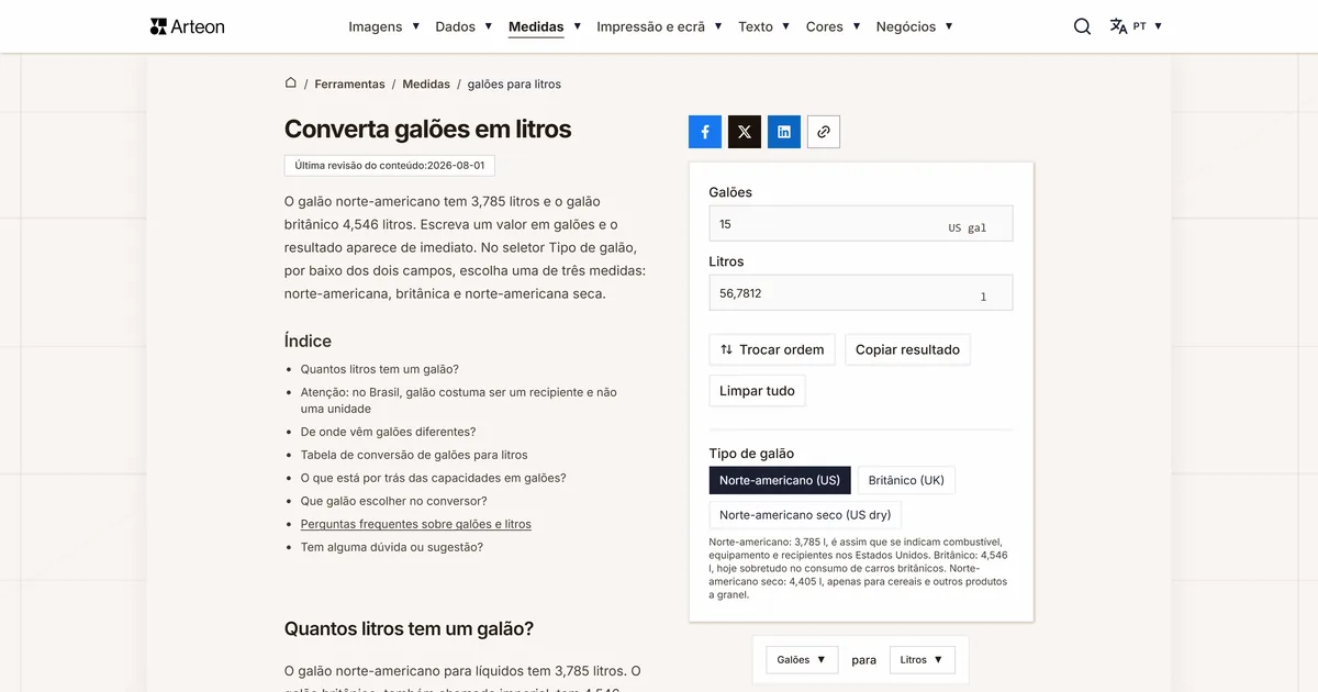 Captura de ecrã da ferramenta gratuita da Arteon: Converta galões em litros