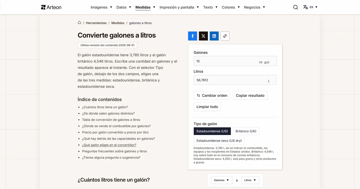 Captura de pantalla de la herramienta gratuita de Arteon: Convierte galones a litros