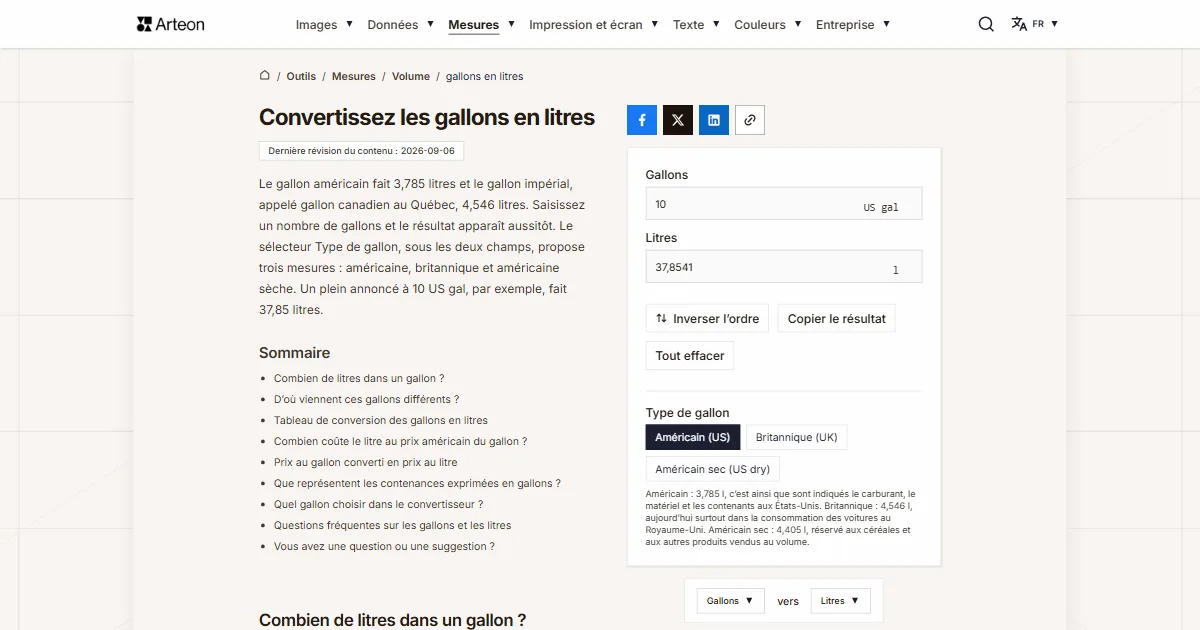 Capture d'écran de l'outil gratuit d'Arteon: Convertissez les gallons en litres