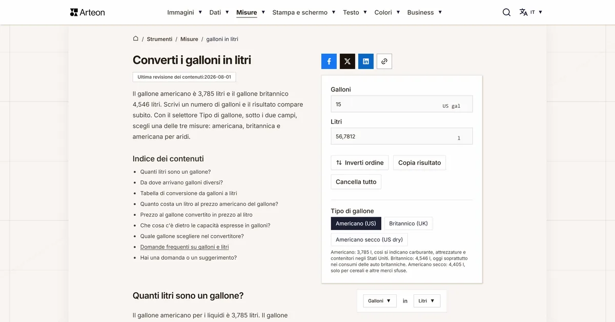 Screenshot dello strumento gratuito Arteon: Converti i galloni in litri
