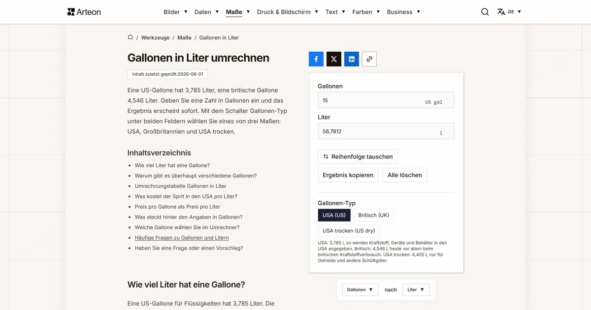 Screenshot des kostenlosen Arteon-Werkzeugs: Gallonen in Liter umrechnen