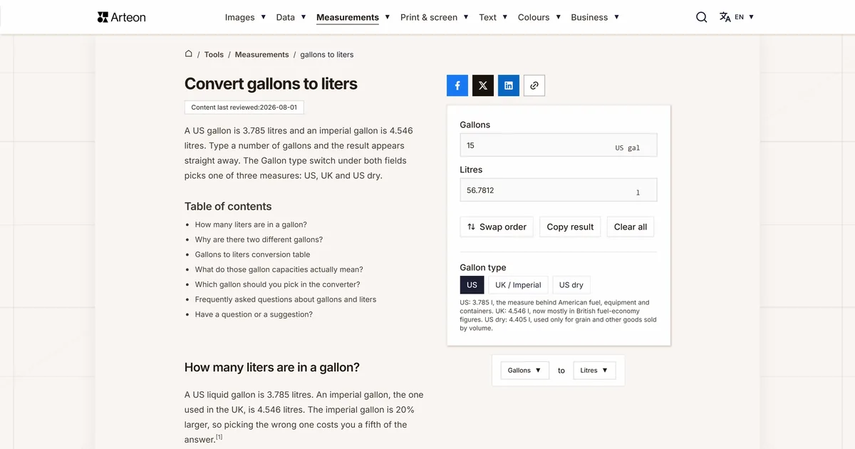 Arteon free tool screenshot: Convert gallons to liters