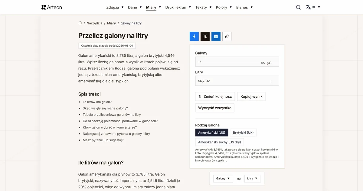 Zrzut ekranu darmowego narzędzia Arteon: Przelicz galony na litry