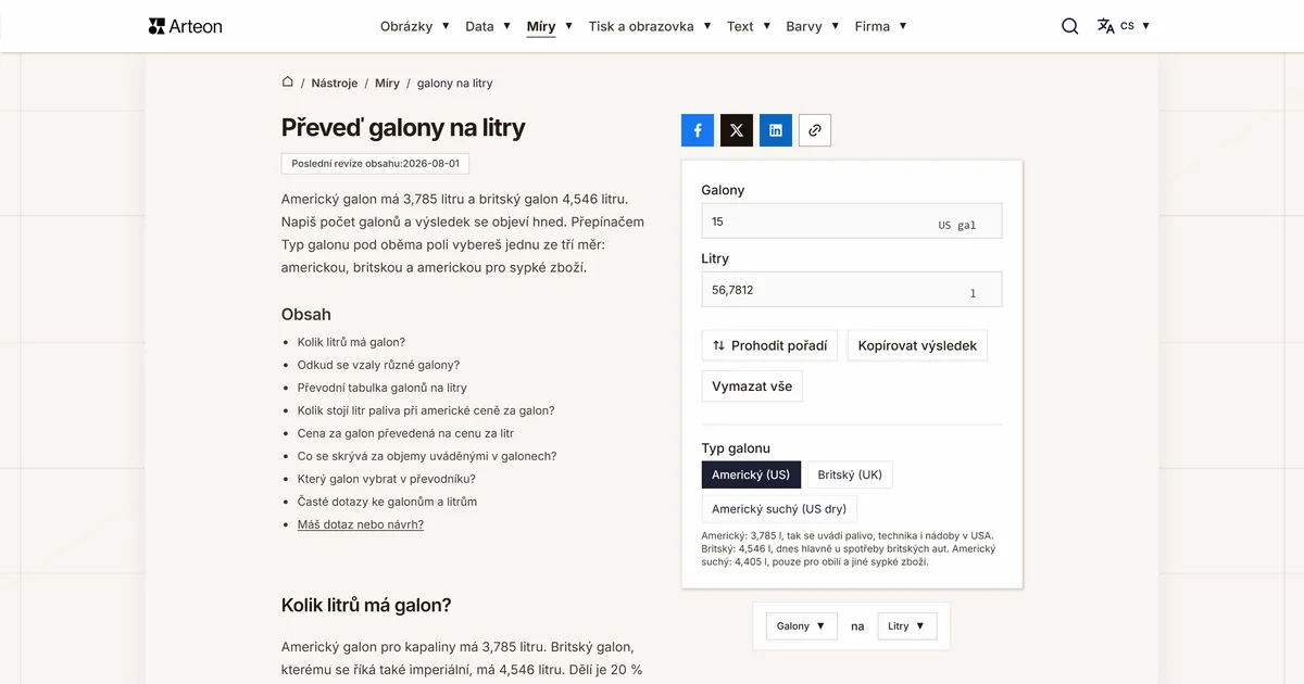 Snímek obrazovky bezplatného nástroje Arteon: Převeď galony na litry