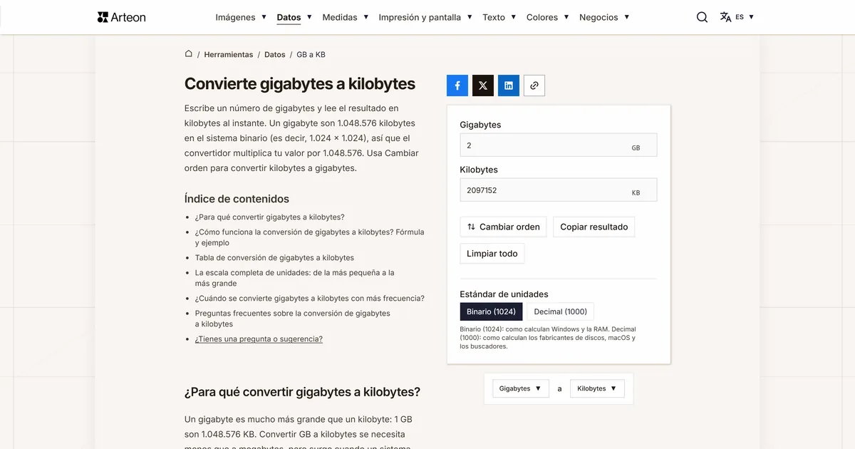 Captura de pantalla de la herramienta gratuita de Arteon: Convierte gigabytes a kilobytes