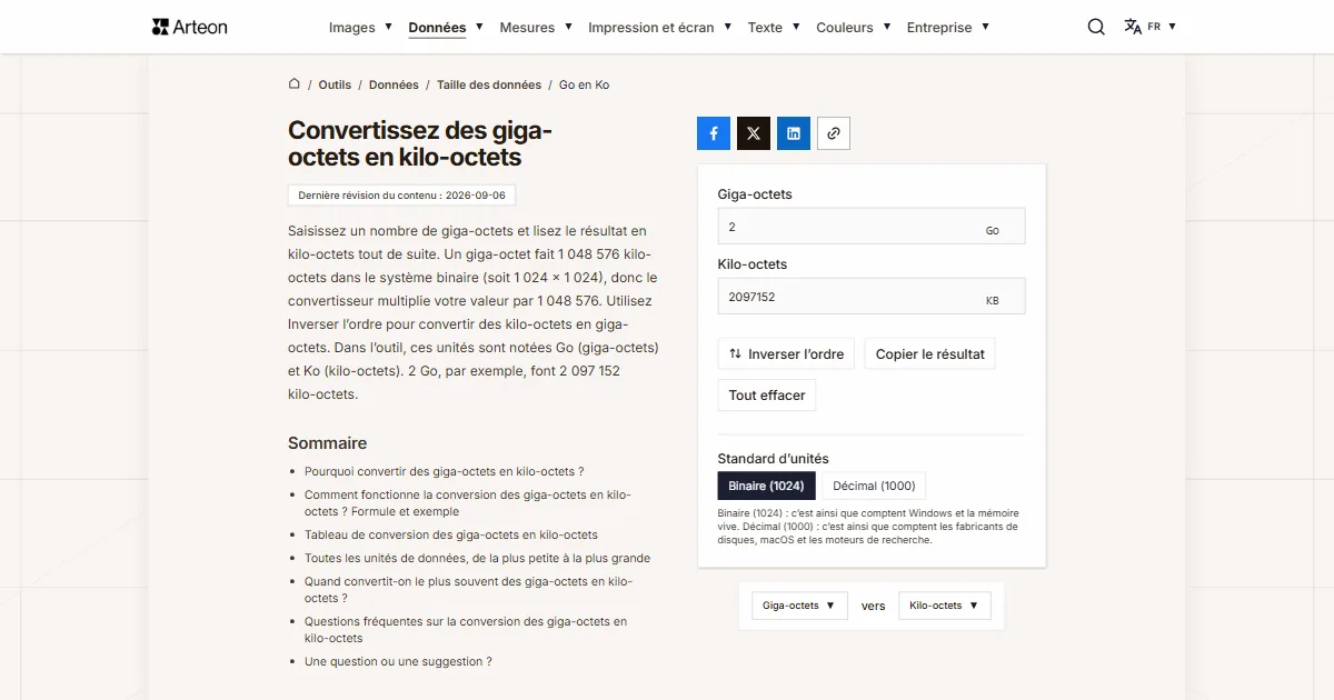 Capture d'écran de l'outil gratuit d'Arteon: Convertissez des giga-octets en kilo-octets