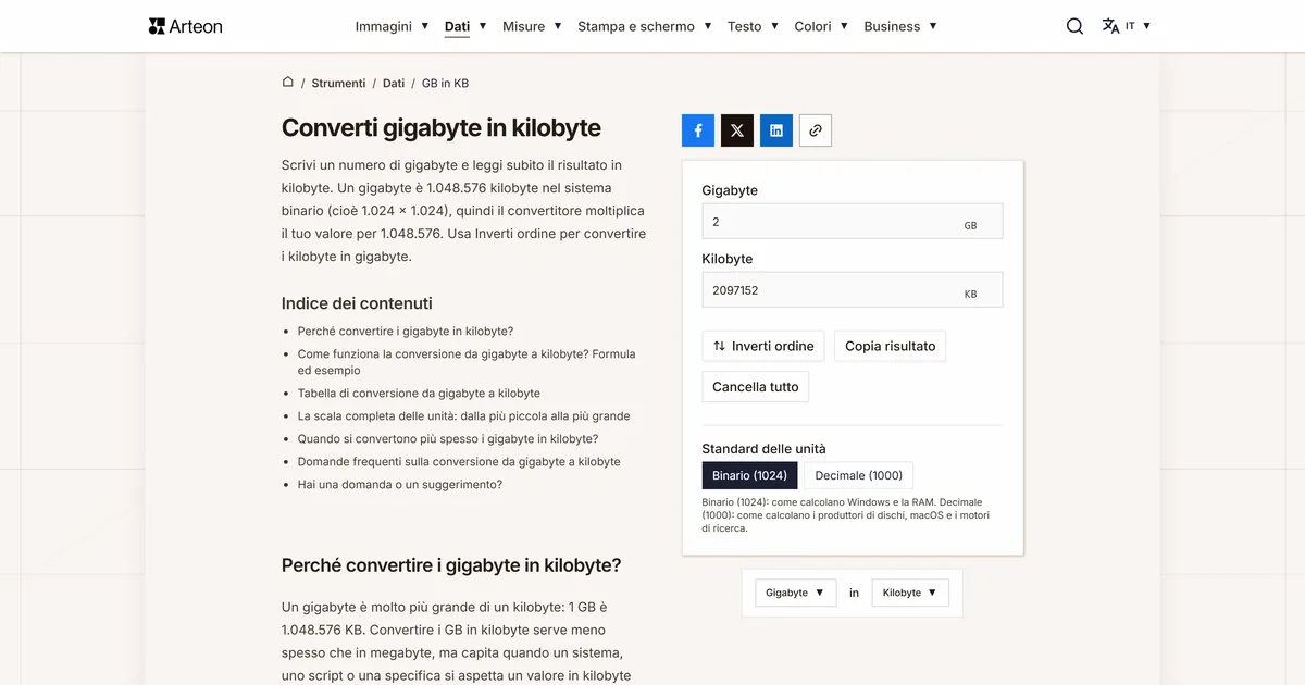 Screenshot dello strumento gratuito Arteon: Converti gigabyte in kilobyte