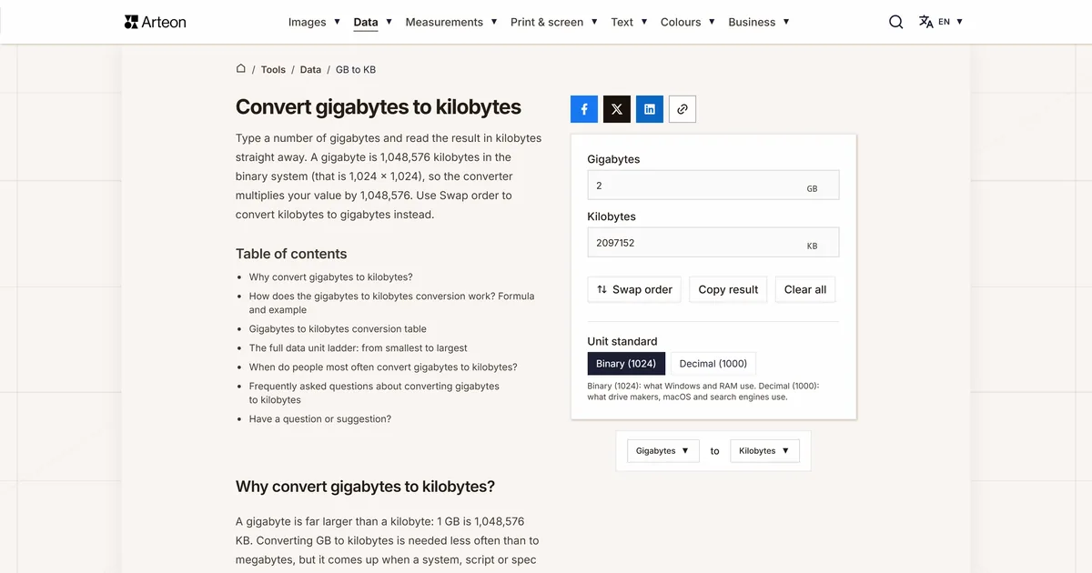 Arteon free tool screenshot: Convert gigabytes to kilobytes