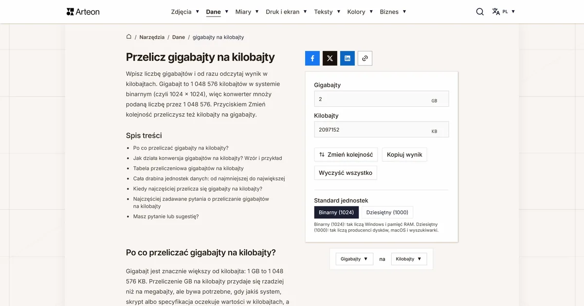 Zrzut ekranu darmowego narzędzia Arteon: Przelicz gigabajty na kilobajty