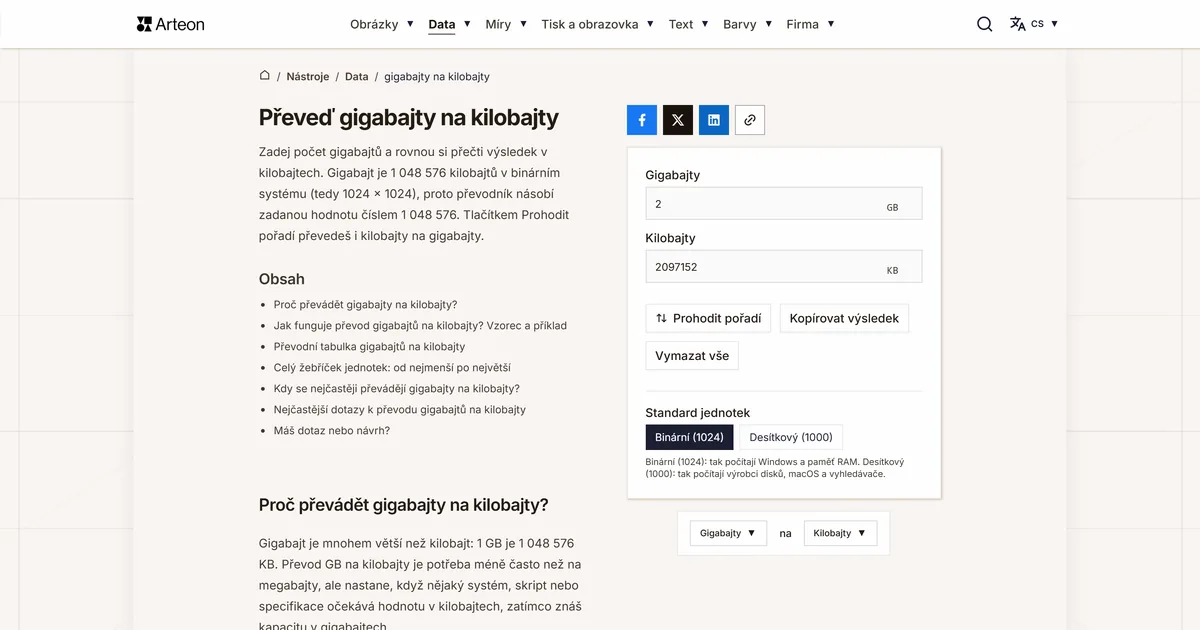 Snímek obrazovky bezplatného nástroje Arteon: Převeď gigabajty na kilobajty