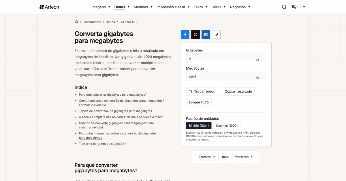 Captura de ecrã da ferramenta gratuita da Arteon: Converta gigabytes para megabytes