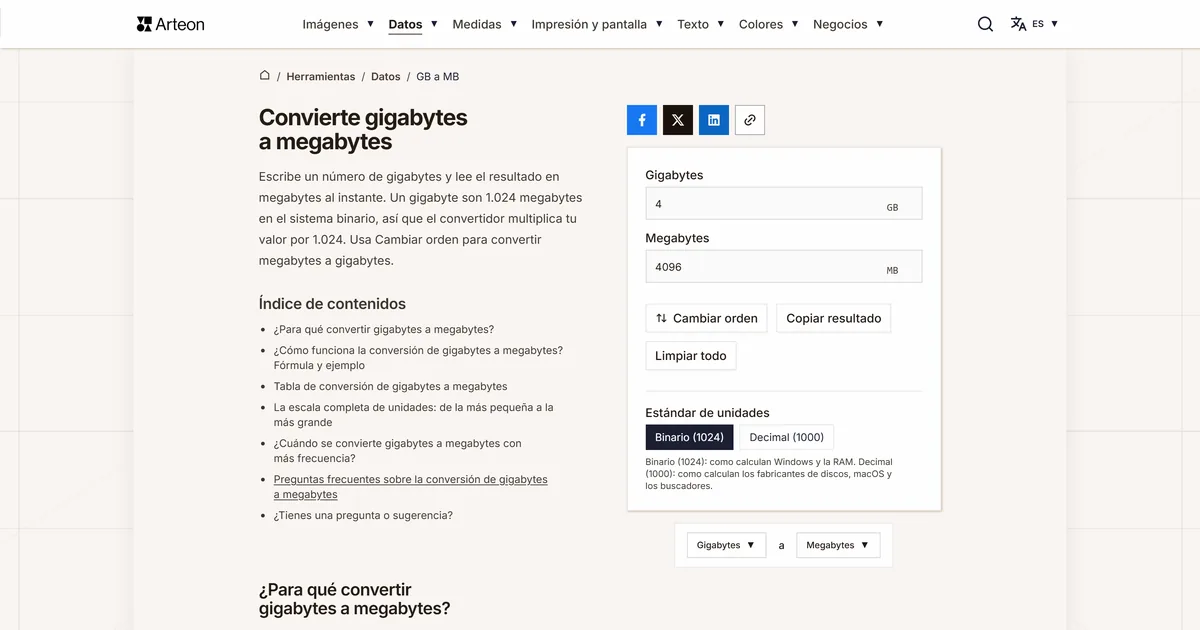 Captura de pantalla de la herramienta gratuita de Arteon: Convierte gigabytes a megabytes