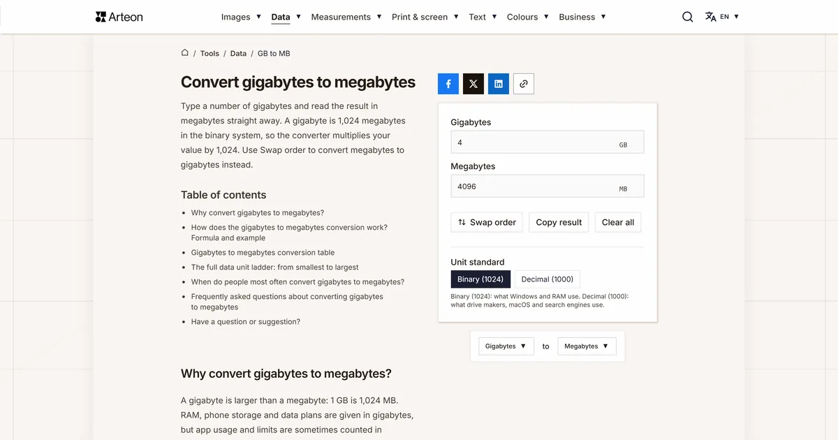 Arteon free tool screenshot: Convert gigabytes to megabytes