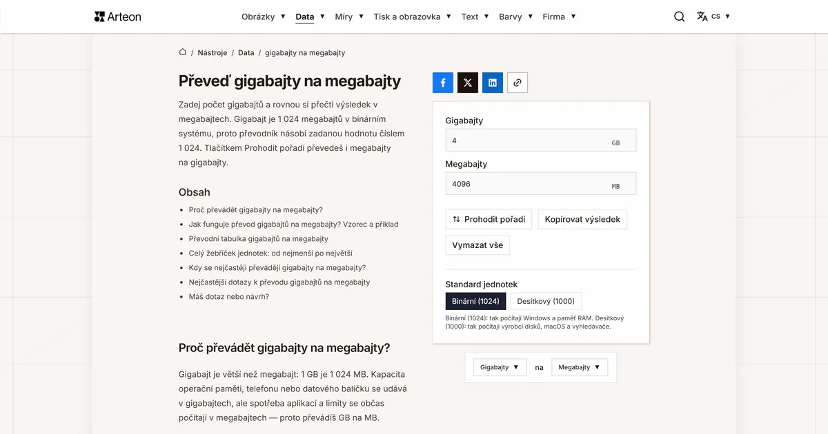 Snímek obrazovky bezplatného nástroje Arteon: Převeď gigabajty na megabajty