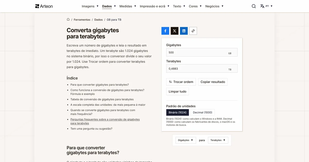 Captura de ecrã da ferramenta gratuita da Arteon: Converta gigabytes para terabytes