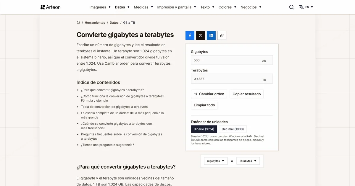 Captura de pantalla de la herramienta gratuita de Arteon: Convierte gigabytes a terabytes