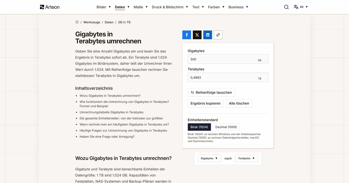 Screenshot des kostenlosen Arteon-Werkzeugs: Gigabytes in Terabytes umrechnen