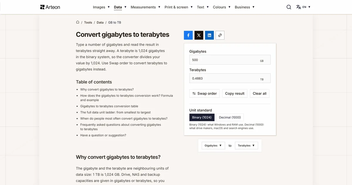 Arteon free tool screenshot: Convert gigabytes to terabytes
