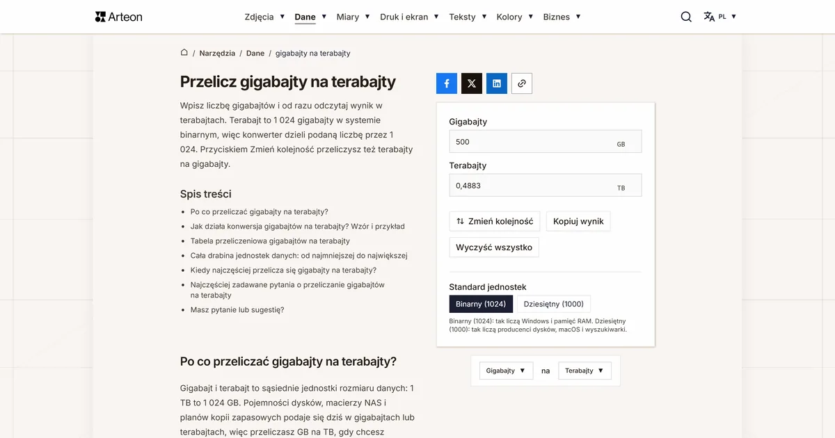 Zrzut ekranu darmowego narzędzia Arteon: Przelicz gigabajty na terabajty