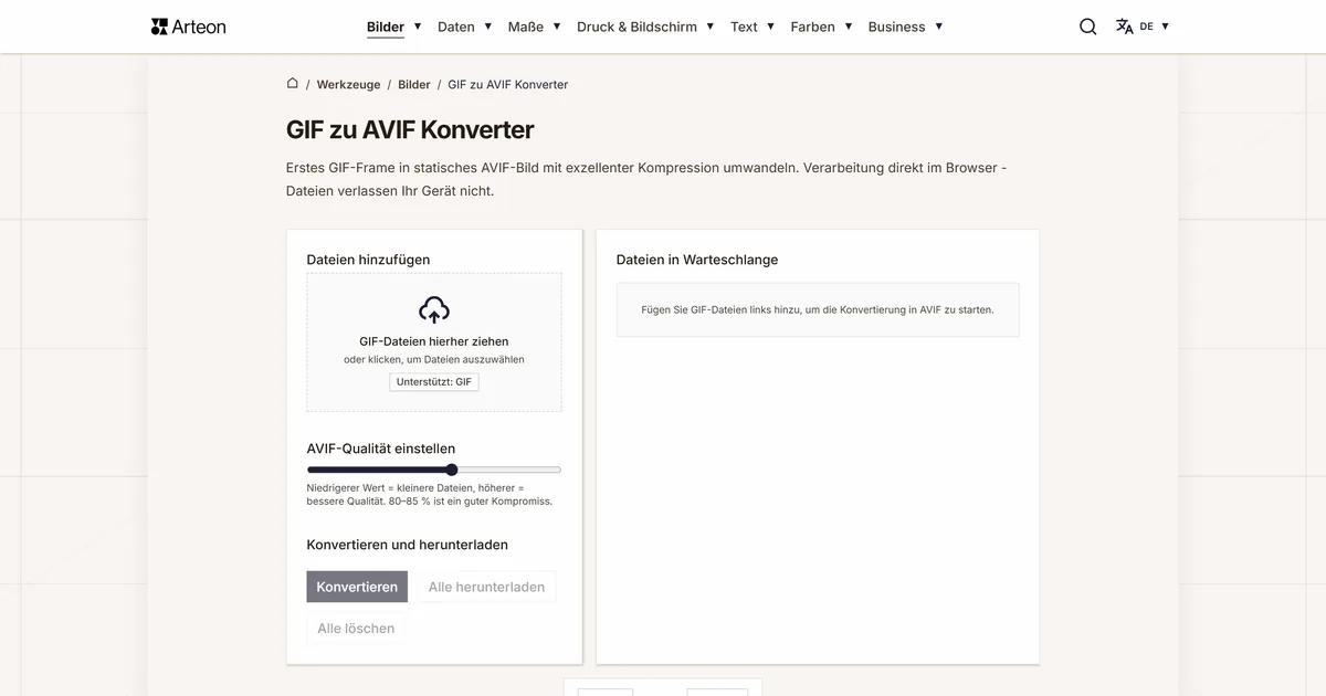 Screenshot des kostenlosen Arteon-Werkzeugs: GIF zu AVIF Konverter