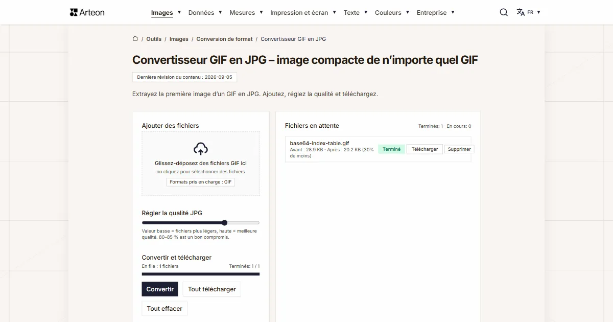 Capture d'écran de l'outil gratuit d'Arteon: Convertisseur GIF en JPG – image compacte de n’importe quel GIF