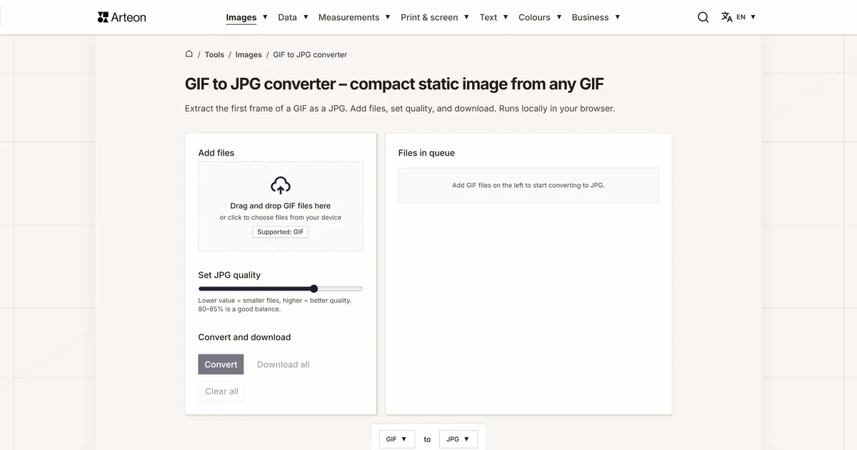 Arteon free tool screenshot: GIF to JPG converter – compact static image from any GIF